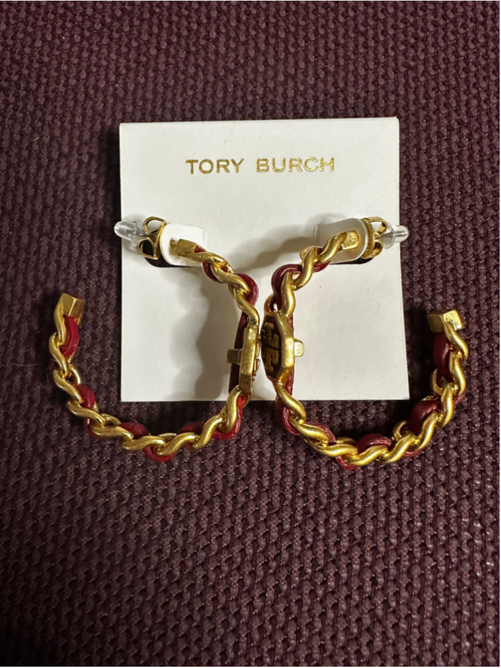 Tory Burch Gold & Red Leather Hoop Earrings
